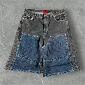 Heaven By Marc Jacobs Jean Shorts Mens Large Black Blue‎ Y2K Double Knee Baggy